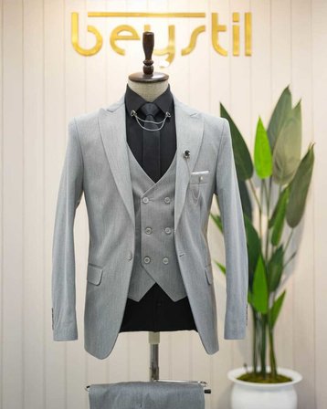 Beystil Sivri Yaka Gri Yelekli Takım Elbise Nikol - Slim Fit
