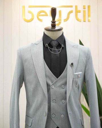 Beystil Sivri Yaka Gri Yelekli Takım Elbise Nikol - Slim Fit