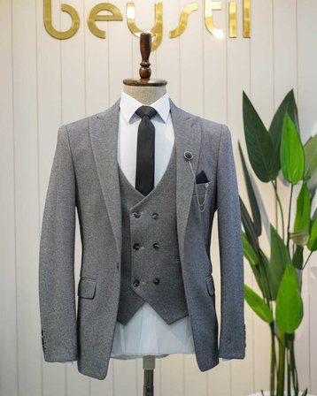 BYS Beystil Sivri Yaka Koyu Gri Takım Elbise Elanor- Slim Fit