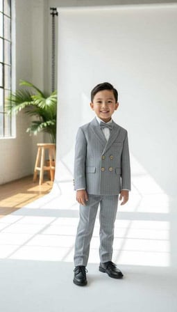 Beystil Sivri Yaka Gri Çizgili Çocuk Kruvaze Elbise - Slim Fit