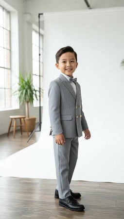 Beystil Sivri Yaka Gri Çizgili Çocuk Kruvaze Elbise - Slim Fit