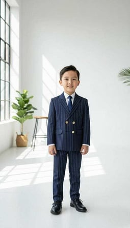 Beystil Sivri Yaka Lacivert Çizgili Çocuk Kruvaze Elbise - Slim Fit