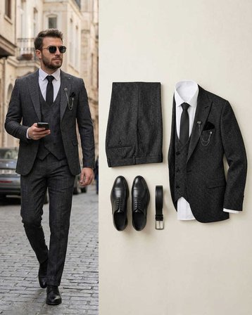 BYS Beystil Sivri Yaka Siyah Kırçıllı Takım Elbise Storm- Slim Fit