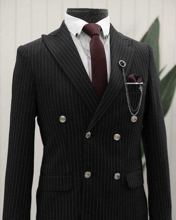 Beystil Sivri Yaka Siyah Çizgili Kruvaze Takım Elbise Lecce- Slim Fit