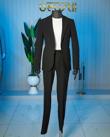 Beystil Siyah Spor Casual  Çizgili Takım Elbise Parodi -Slim Fit