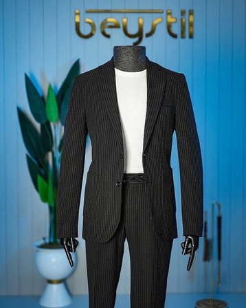 Beystil Siyah Spor Casual  Çizgili Takım Elbise Parodi -Slim Fit