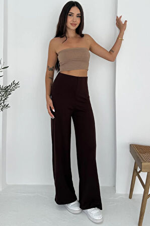 Viva Yüksek Bel Scuba Kumaş Düz Paça Kahverengi Pantolon – Günlük Konfor ve Şıklık