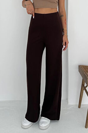 Viva Yüksek Bel Scuba Kumaş Düz Paça Kahverengi Pantolon – Günlük Konfor ve Şıklık