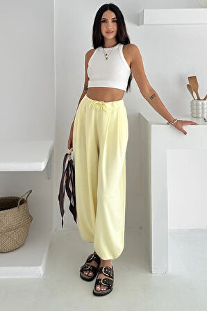 Oslo Kadın Beli Bağcıklı Salaş Modal Şalvar Sarı Pantolon – Rahat Kesim Günlük Stil