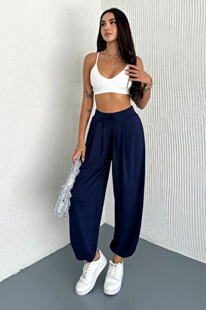 Oslo Kadın Beli Bağcıklı Salaş Modal Şalvar Lacivert Pantolon – Rahat Kesim Günlük Stil