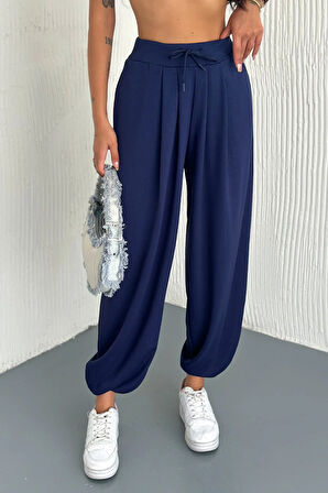 Oslo Kadın Beli Bağcıklı Salaş Modal Şalvar Lacivert Pantolon – Rahat Kesim Günlük Stil