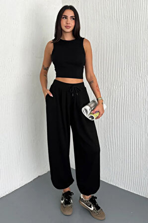 Oslo Kadın Beli Bağcıklı Salaş Modal Şalvar Siyah Pantolon – Rahat Kesim Günlük Stil