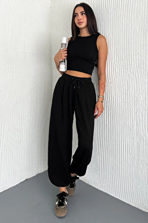 Oslo Kadın Beli Bağcıklı Salaş Modal Şalvar Siyah Pantolon – Rahat Kesim Günlük Stil