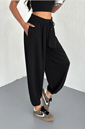 Oslo Kadın Beli Bağcıklı Salaş Modal Şalvar Siyah Pantolon – Rahat Kesim Günlük Stil