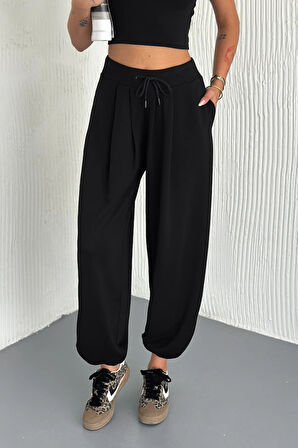 Oslo Kadın Beli Bağcıklı Salaş Modal Şalvar Siyah Pantolon – Rahat Kesim Günlük Stil