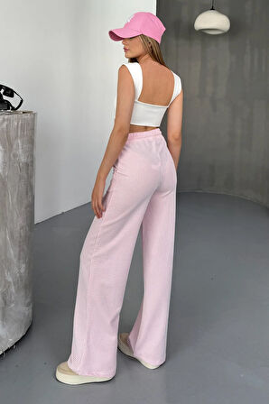 Stria Kadın Çizgili Lastikli Bol Paça Pembe Pantolon – Yazlık Rahat Stil ve Günlük Şıklık