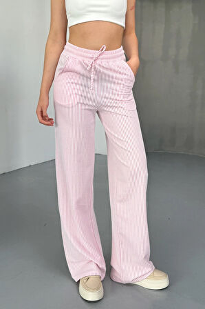 Stria Kadın Çizgili Lastikli Bol Paça Pembe Pantolon – Yazlık Rahat Stil ve Günlük Şıklık