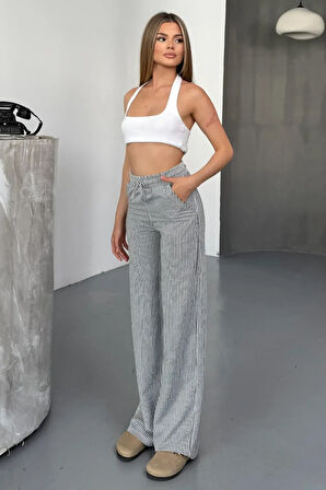 Stria Kadın Çizgili Lastikli Bol Paça Siyah Pantolon – Yazlık Rahat Stil ve Günlük Şıklık