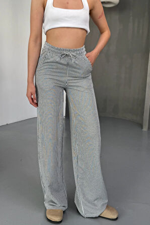 Stria Kadın Çizgili Lastikli Bol Paça Siyah Pantolon – Yazlık Rahat Stil ve Günlük Şıklık