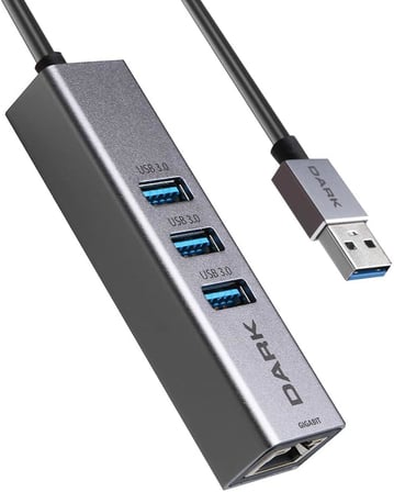 Dark DK-AC-USB332GL USB Type-A to RJ45 Gigabit Ethernet ve 3xUSB 3.0 Hub Çoklayıcı Adaptör, Siyah
