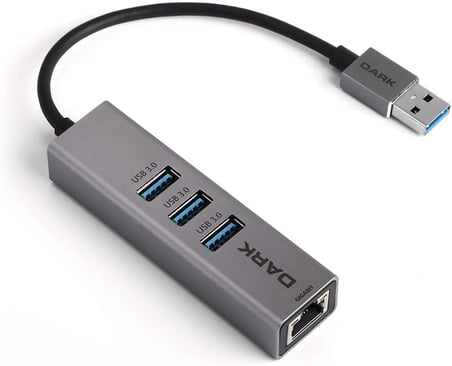 Dark DK-AC-USB332GL USB Type-A to RJ45 Gigabit Ethernet ve 3xUSB 3.0 Hub Çoklayıcı Adaptör, Siyah