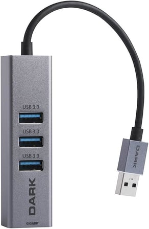 Dark DK-AC-USB332GL USB Type-A to RJ45 Gigabit Ethernet ve 3xUSB 3.0 Hub Çoklayıcı Adaptör, Siyah