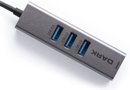 Dark DK-AC-USB332GL USB Type-A to RJ45 Gigabit Ethernet ve 3xUSB 3.0 Hub Çoklayıcı Adaptör, Siyah