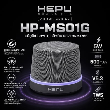 HP-MS01G Manyetik Bluetooth Hoparlör Telefon Standlı Kablosuz Hoparlör, Bluetooth 5.3 TWS Stereo, 360° Ses Efekti RGB LED Işıklı, Type-C Şarjlı Taşınabilir Hoparlör Gri