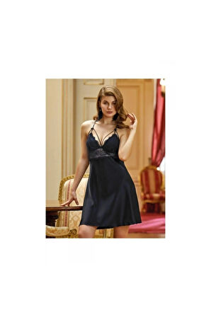 Siyah Lip Askılı Normal Ve Büyük Beden Saten Gecelik 5428