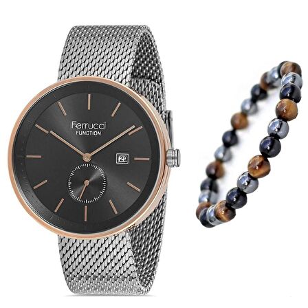 Ferrucci Gümüş Renk 1. Sınıf Çelik Erkek Kol Saat Doğal Taş Bileklik Hediyeli