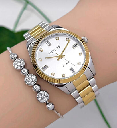 Ferrucci Rolex Kasa Çelik Kadın Kol Saati+Bileklik Hediye