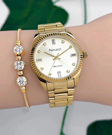 Ferrucci Rolex Kasa Çelik Kadın Kol Saati+Bileklik Hediye