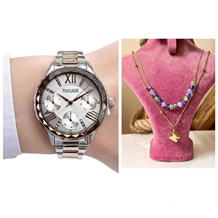 Ferrucci Rosegold Taşlı Model Kadın Kol Saat Kombin+%100 Çelik Kolye Hediye