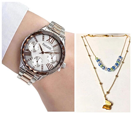 Ferrucci Rosegold Taşlı Model Kadın Kol Saat Kombin+%100 Çelik Kolye Hediye
