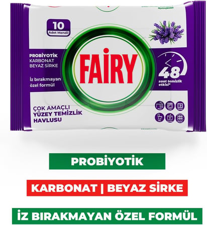 Fairy Çok Amaçlı Yüzey Temizlik Havlusu 10 Yaprak | Lavanta Yağlı | Beyaz Sirke & Karbonat