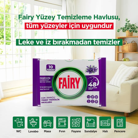 Fairy Çok Amaçlı Yüzey Temizlik Havlusu 10 Yaprak | Lavanta Yağlı | Beyaz Sirke & Karbonat