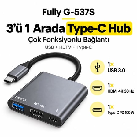 Fully 3in1 Type-C to USB+HDTV+Type-C  4K 30HZ Çok Fonksiyonlu Hub