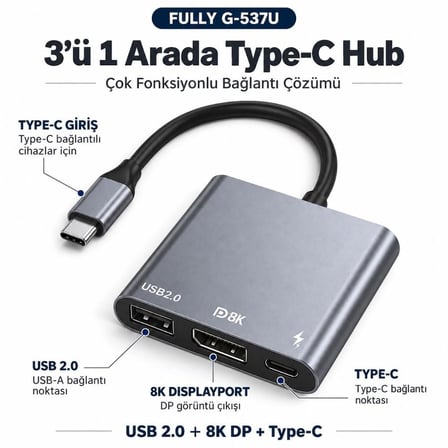 Fully 3 in 1 Type-C to USB2.0+8K DP+Type-C Çok Fonksiyonlu Hub