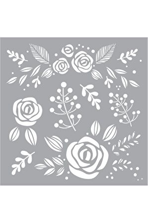 Gül ve Yabani Çiçek Stencil Boyama şablonu 30x30 cm, Duvar Stencil, Fayans Stencil, Mobilya Stencil