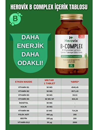 Herovix B Complex 60 Kapsül B Vitaminleri ve Kolin
