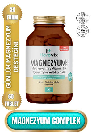Herovix Magnezyum 3x Complex 60 Tablet 200 MG - Malat-Sitrat-Bisglisinat-B6