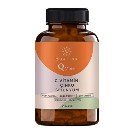 3 adet 60 kapsül Qualiss Q More Vitamin C, Vitamin D, Propolis, Probiyotik Mikroorganizma, Çinko, Selenyum, Beta Glukan, Kara Mürver takviye edici gıda
