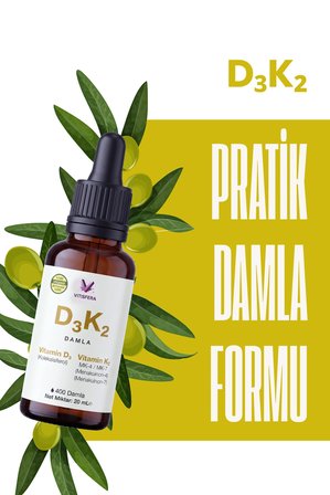 D3K2 Damla - 20 ml - 400 damla - (1000 IU D3 & 20 mcg K2) - %100 Organik Zeytinyağı Bazlı