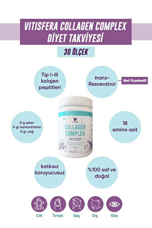 Vitisfera Collagen %100 Saf, Doğal Tip I-III Çift Hidrolize Kolajen Peptitleri + trans Resveratrol