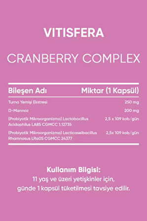 Vitisfera Cranberry Complex 30 Kapsül- Turna Yemişi Ekstresi, D-mannoz, Probiyotik