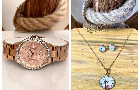Ferrucci Rose Çelik Spor Model Kadın Kol Saat+%100 Çelik Takı Set Hediye