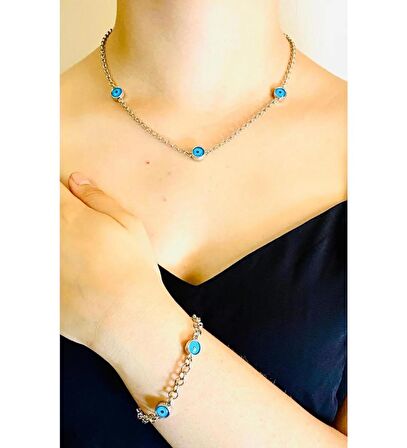 Çelik Su Geçirmez Klasik Model Şık Kadın Kol Saat+Nazarlıklı Set Hediye