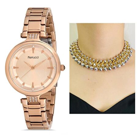 Ferrucci Rosegold Çelik Kadın Kol Saat+El Yapımı Kristal Taşlı Kolye