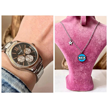 Ferrucci Spor Şık Çelik Kadın Kol Saati+%100 Çelik Kolye Hediye