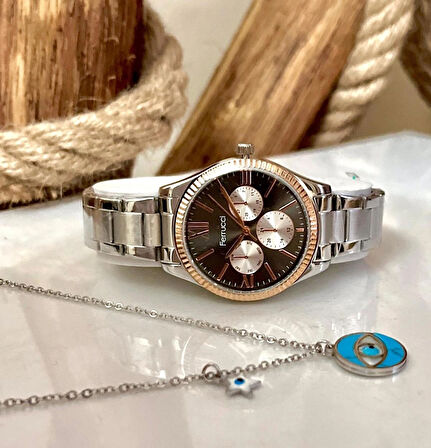 Ferrucci Spor Şık Çelik Kadın Kol Saati+%100 Çelik Kolye Hediye